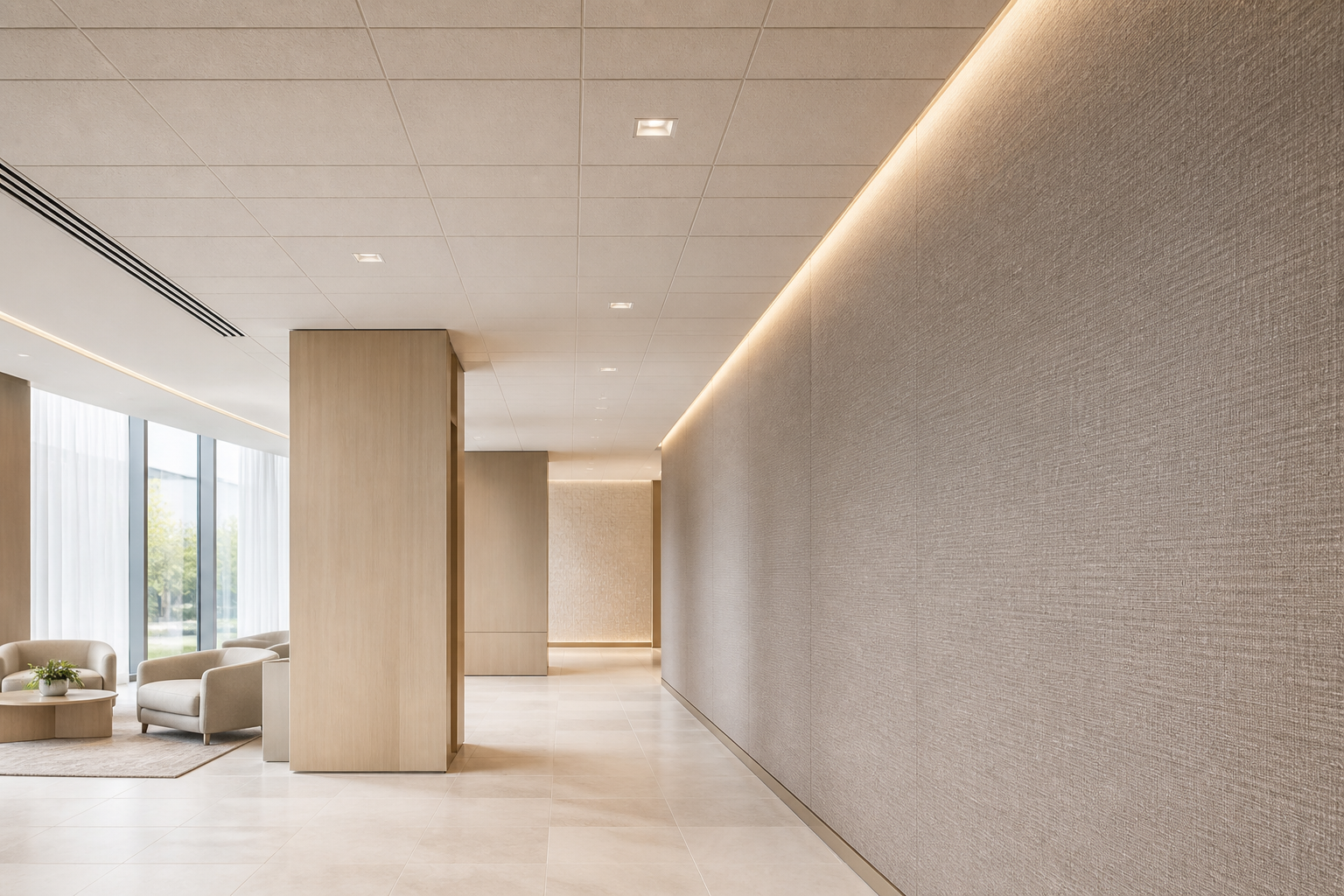Modern architectural interior featuring acoustical ceiling tile and textured wallcovering